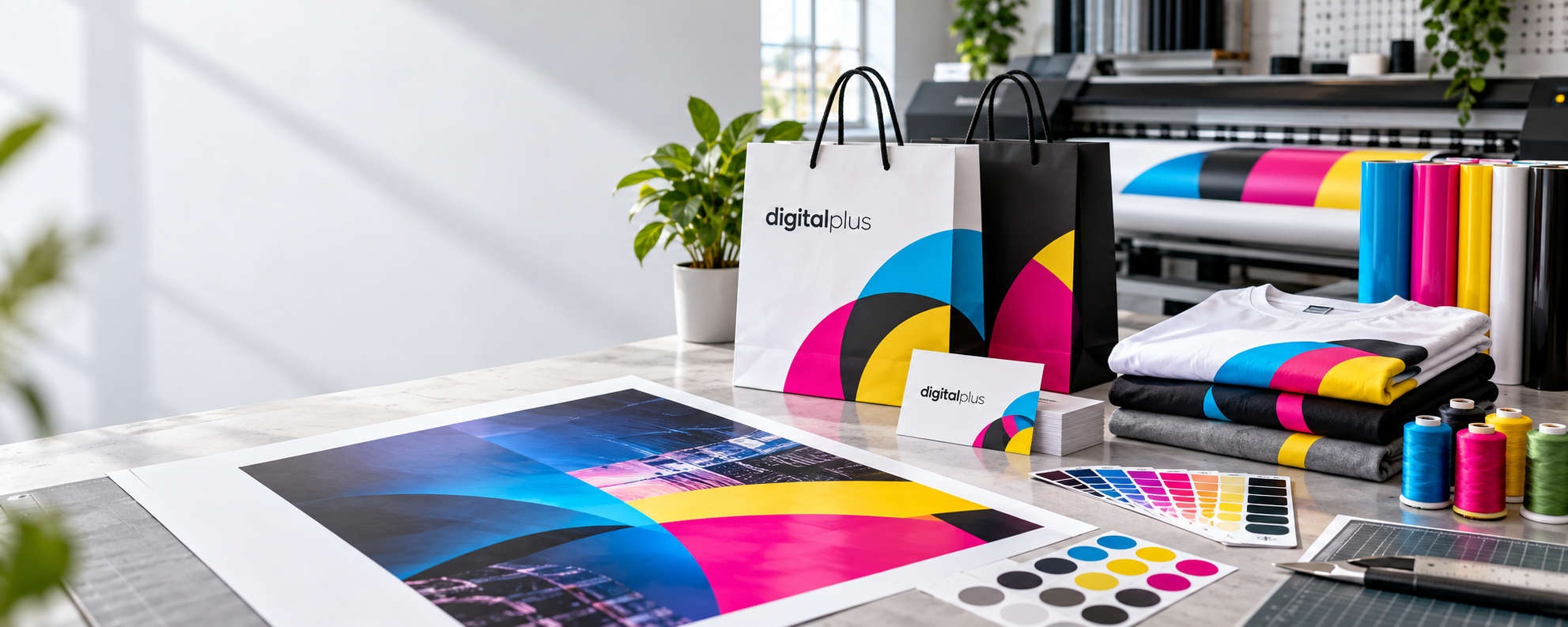 DigitalPlus print studio materials with branded bags, apparel, color swatches, and vinyl rolls
